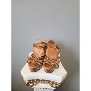 Frye Tan Leather Wedge Sandals 11 NWOT Rosy Honeycomb Tan